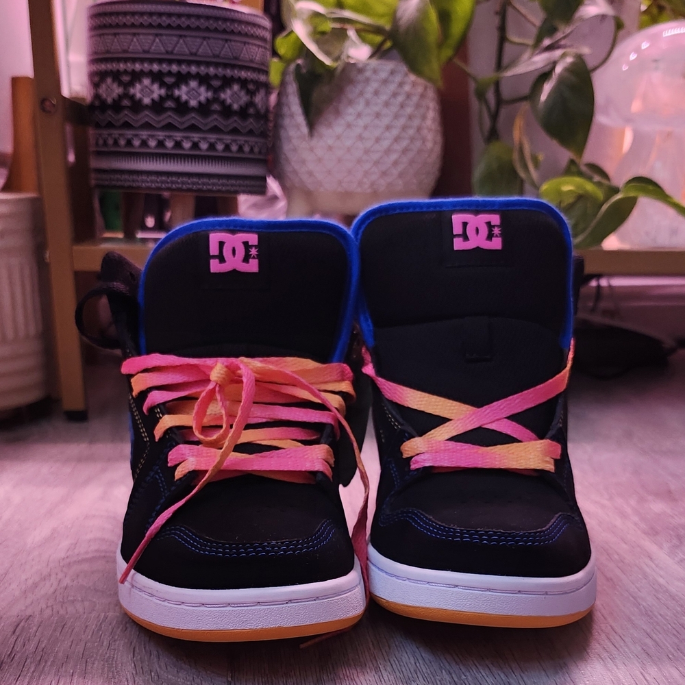 DC Womens Black Sneakers with Pink and Orange Accents